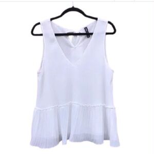 Zara Pleated V-Neck White Peplum Ruffle Swing Tank Top
